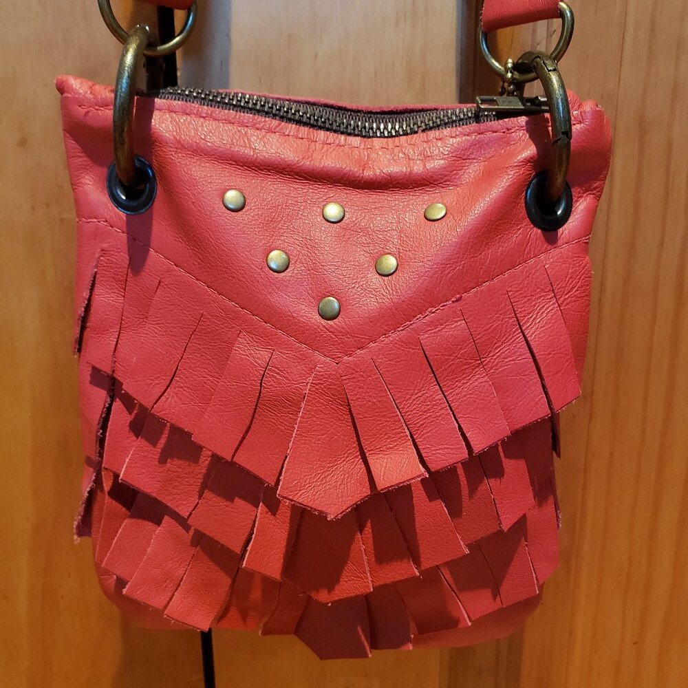 Red leather fringe crossbody festival brass accents adjustable 8.5x7" Stud Boho